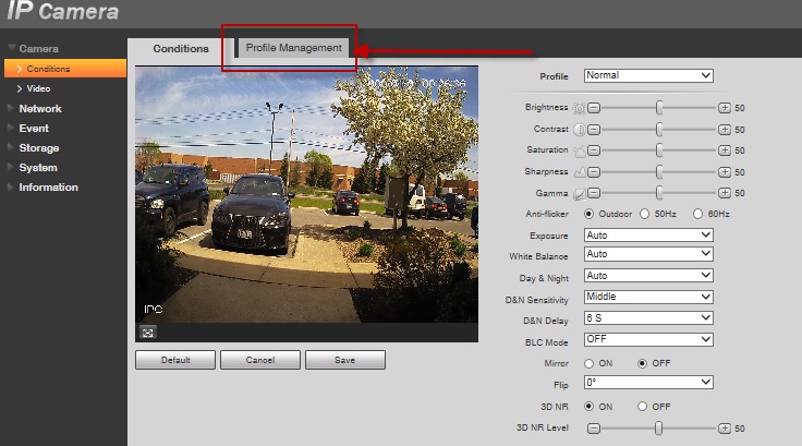تب Profile management برای تنظیمات دید در شب دوربین